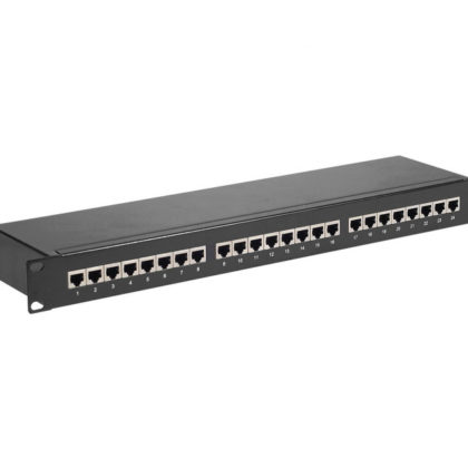 Panneau de brassage 19'' - 24 ports CAT. 6 blindé  - Nombre de ports : 24 ports RJ45 - Catégorie : CAT. 6 STP - Pour câble monobrin : AWG 22 à AWG 26 - Format : rackable 19'' - Hauteur : 1U - Raccordement : bloc 100 / krone - Support arrière de câbles avec tresse de masse - Panneau certifié 3P et ETL par le fabricant